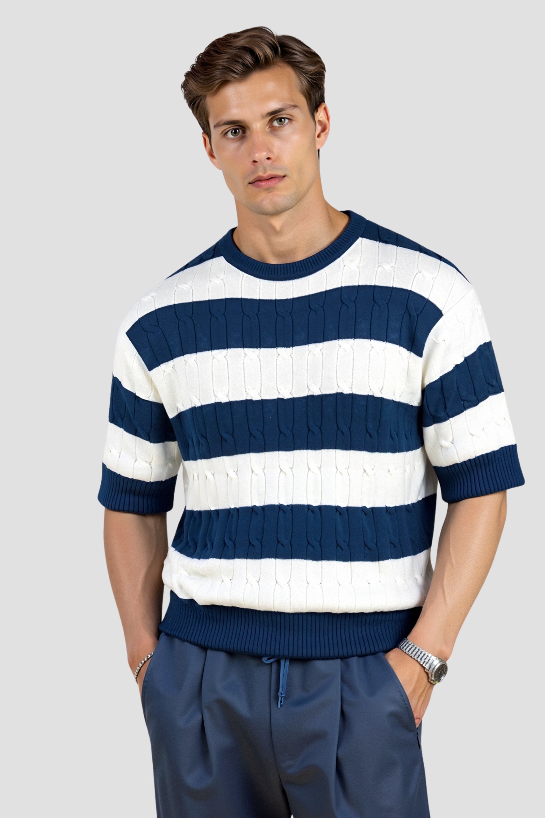 Camiseta de rayas de punto trenzado con cuello redondo NOBA