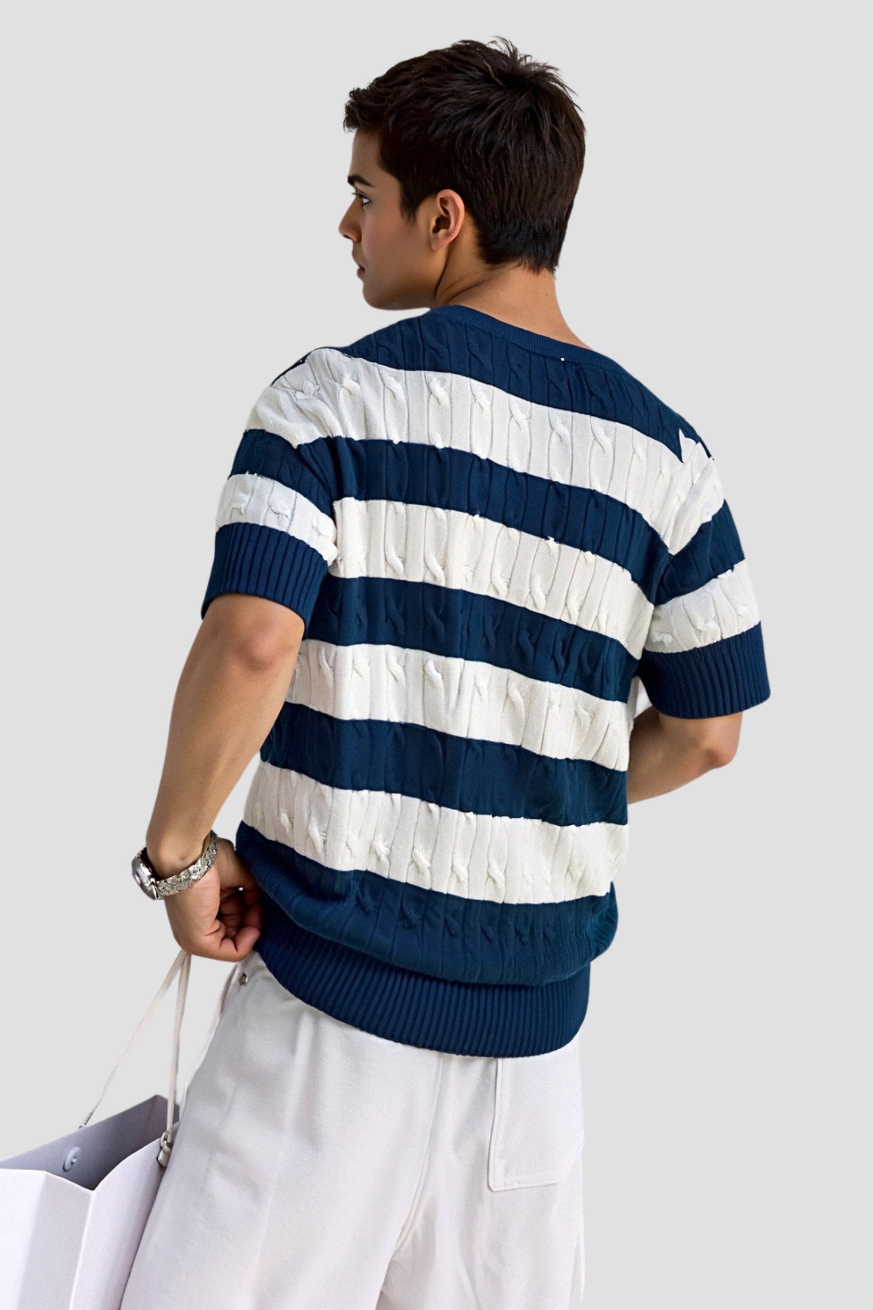 Camiseta de rayas de punto trenzado con cuello redondo NOBA